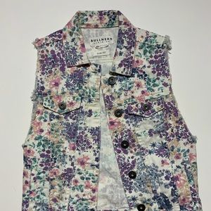 XS Pacsun Denim Vest- White with floral pattern.